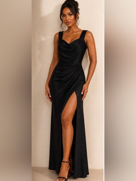 Faeriesty Dresses & Skirts - Elegant Black High-Slit Draped Evening Dress